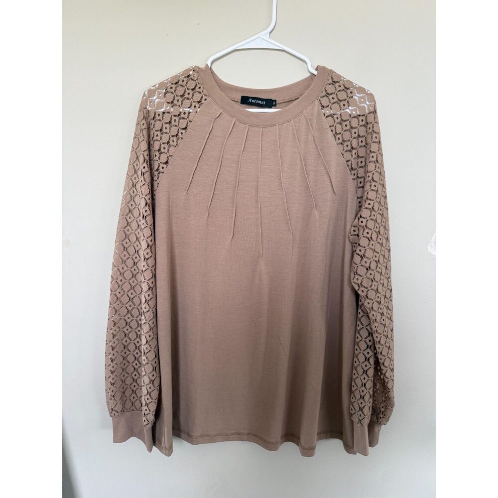 Automet Mocha Tan / Taupe Crochet Lace Long Sleeve Pintuck Top - Size XL